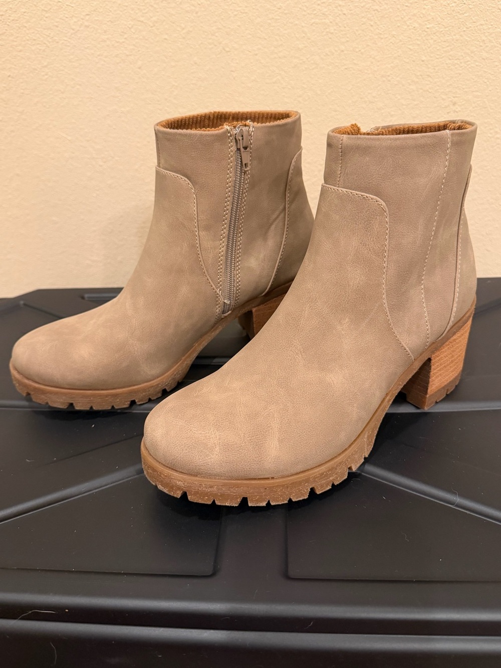 Kork-Ease Taupe Block Heel Ankle Booties